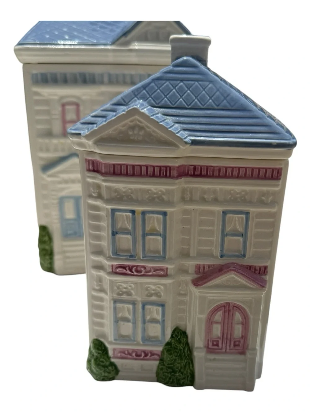 Vintage 1988 Hearth & Home Ceramic House Canister Set Blue Pink 7 Piece Kitchen